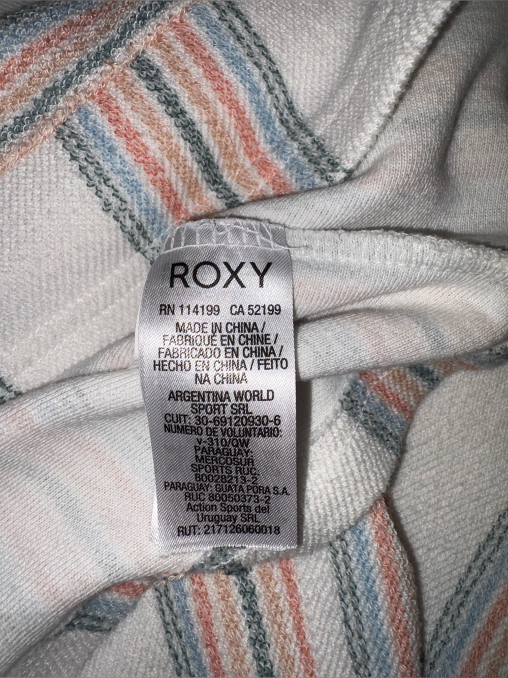 Roxy Cream Hooded Pullover with Coral and Teal Stripes - Picture 5 of 6